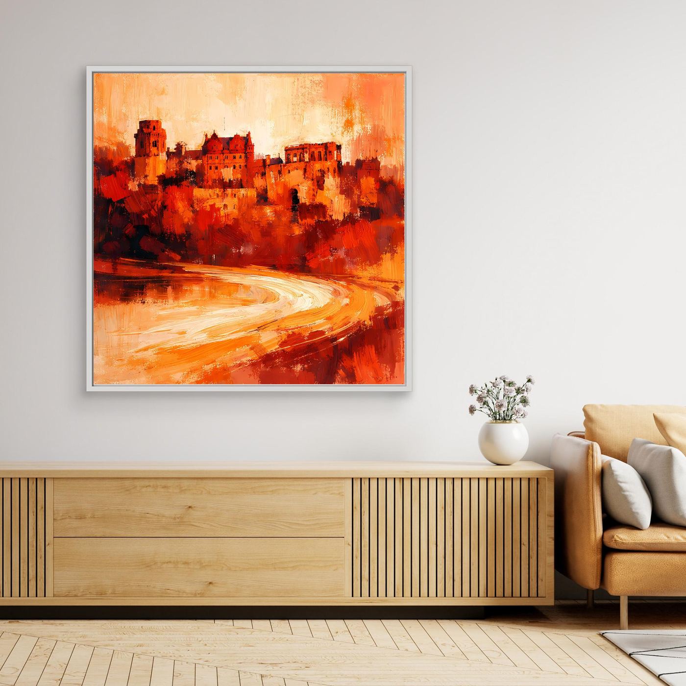 Leinwand Heidelberger Schloss im Abendlicht | Abstraktes Rot‑Ocker Wandbild mit Struktur und Tiefe