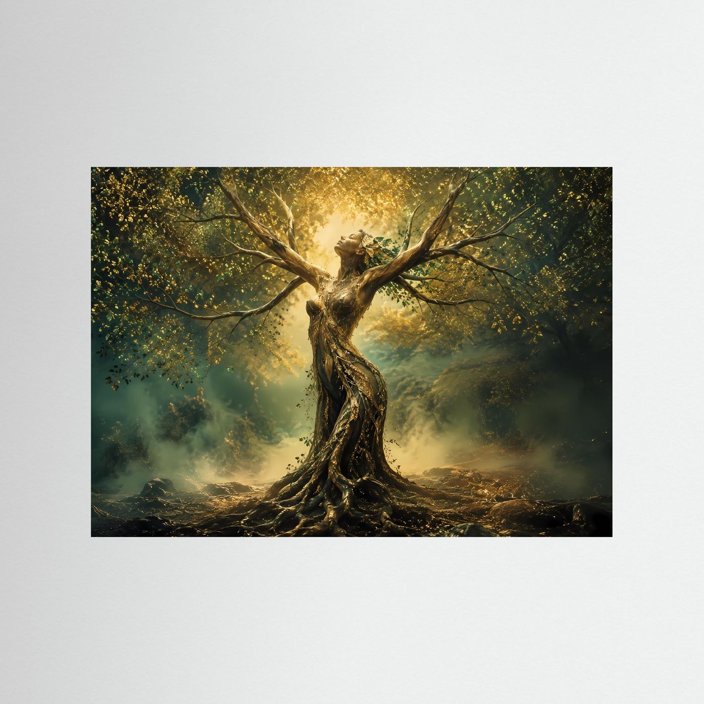 Göttin des Waldes | Mystischer Lebensbaum in Gold & Grün – Fantasy Wandkunst