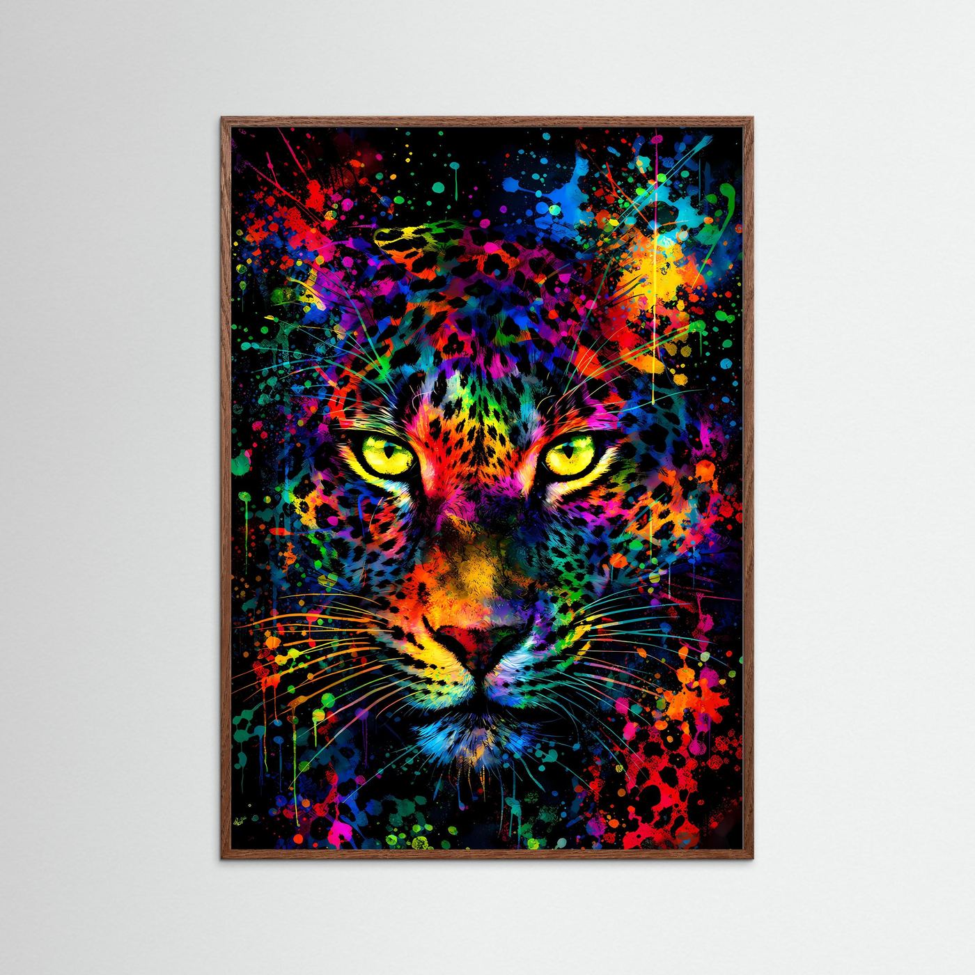 Der Blick der Wildnis | Neon Leopard Poster mit leuchtenden Augen & Regenbogen-Farben | Abstraktes Wildtier Kunstposter Hochformat