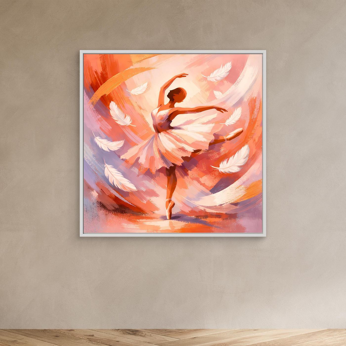 Abstraktes Leinwandbild mit Ballerina in warmen Orange- und Pinktönen, silberner Rahmen