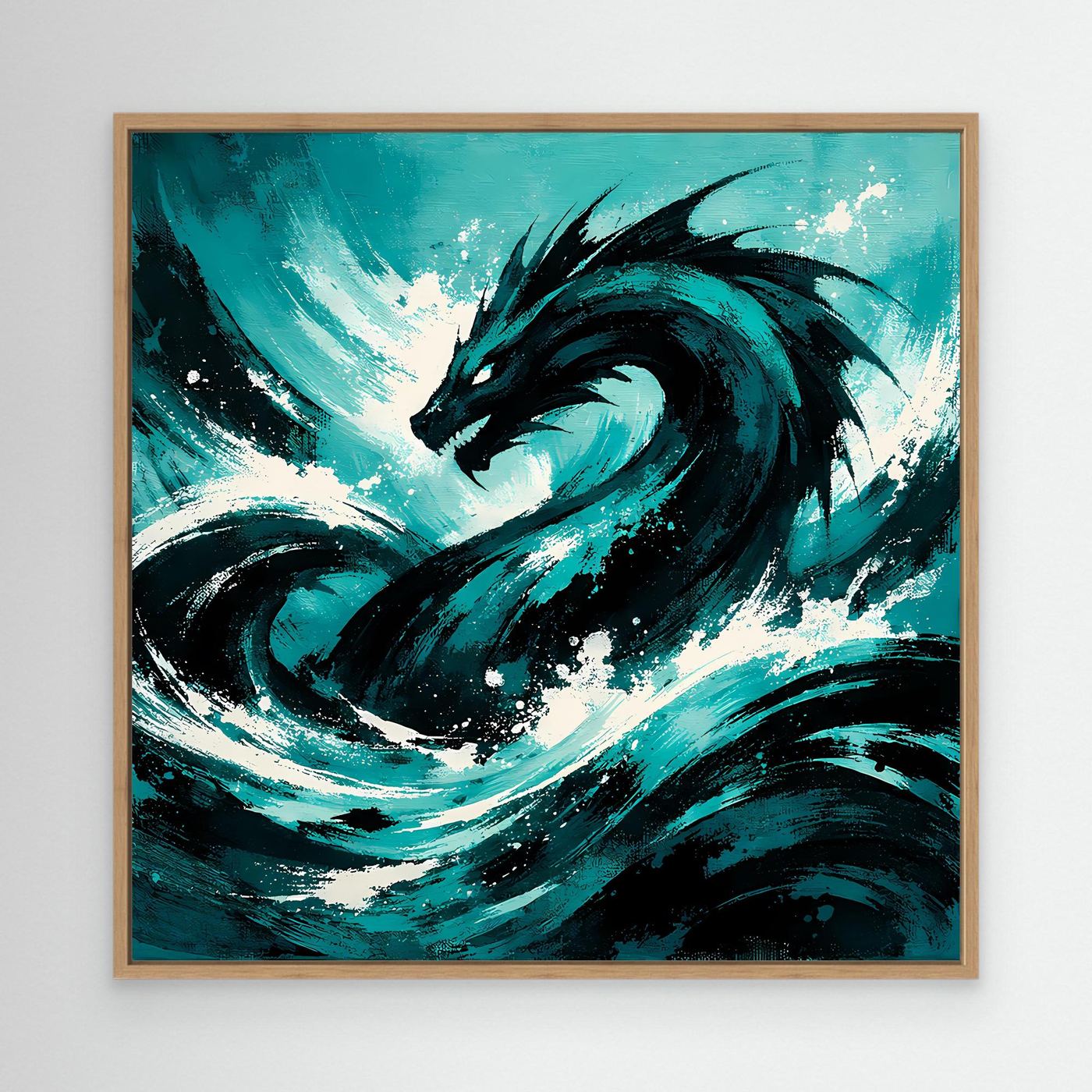 Abstraktes Ozean-Wandbild mit Seemonster-Drachen in Türkis/Schwarz, Eichenholzrahmen