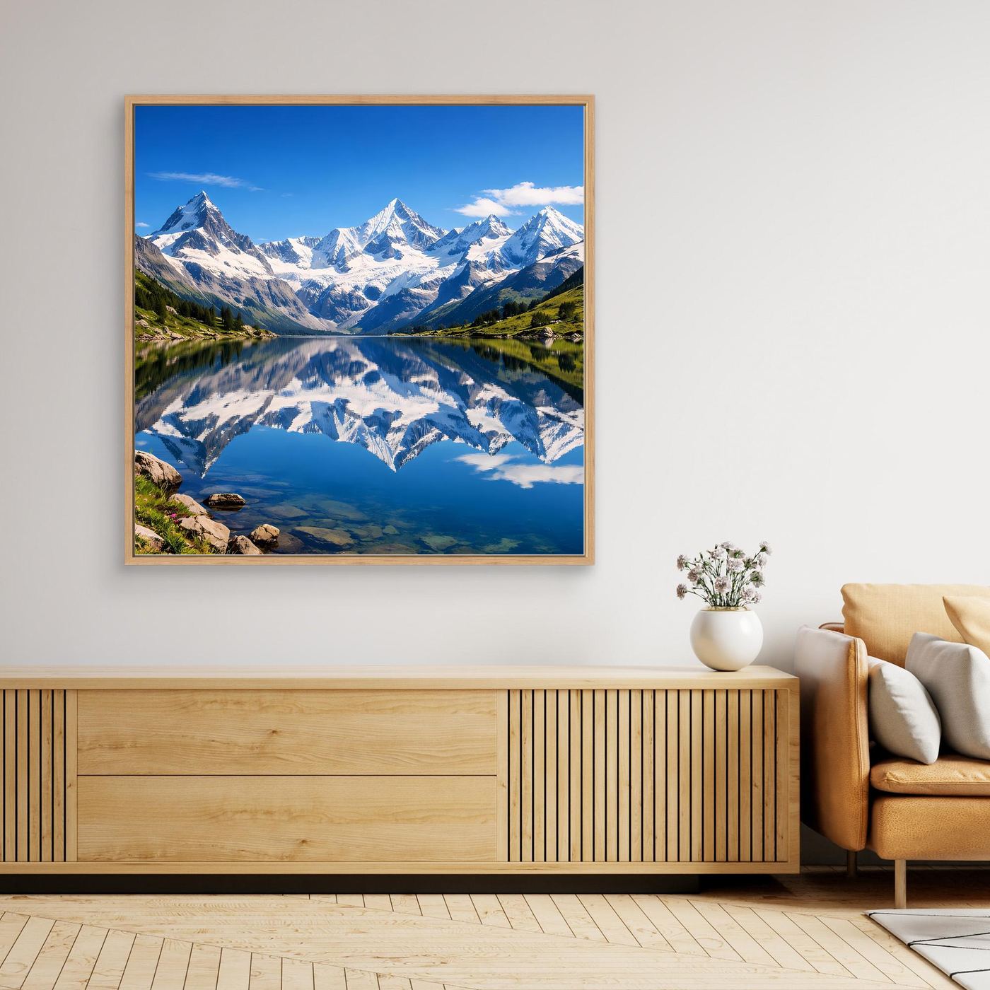 Gerahmtes Leinwandbild: Bergsee-Spiegelung mit Alpen, Blau und Grün