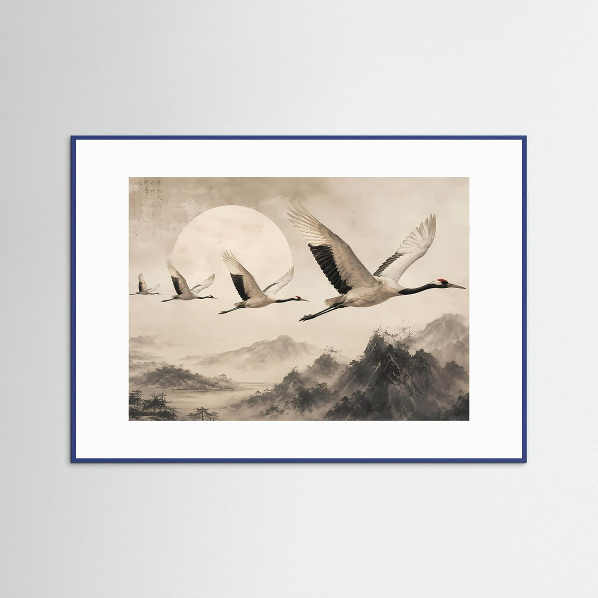 Querformat-Poster mit fliegenden Kranichen, Beige-Landschaft und blauem Holzrahmen