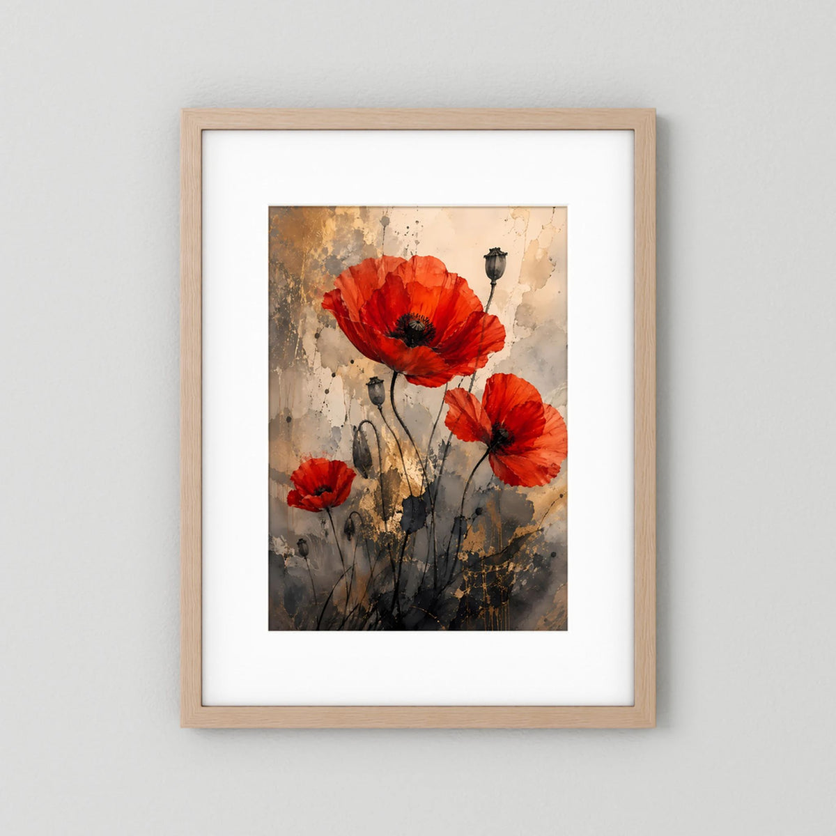 Abstraktes Mohnblumen-Poster mit roten Blüten, beige-grauem Hintergrund, naturfarben gerahmt