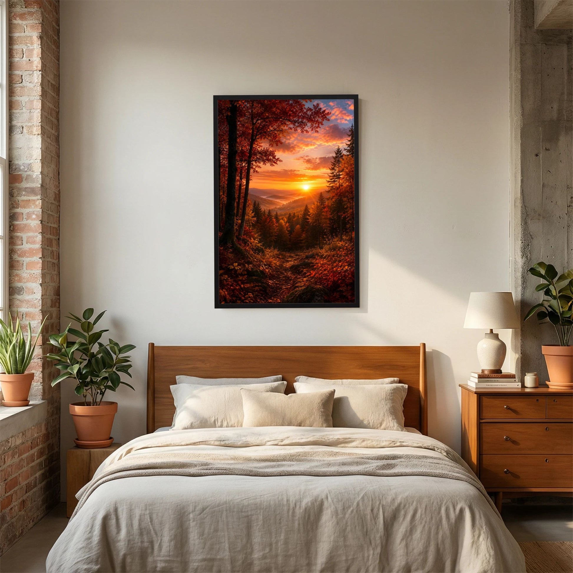 Kunstposter im schwarzen Rahmen über dem Bett: Herbstwald mit orangefarbenem Sonnenuntergang