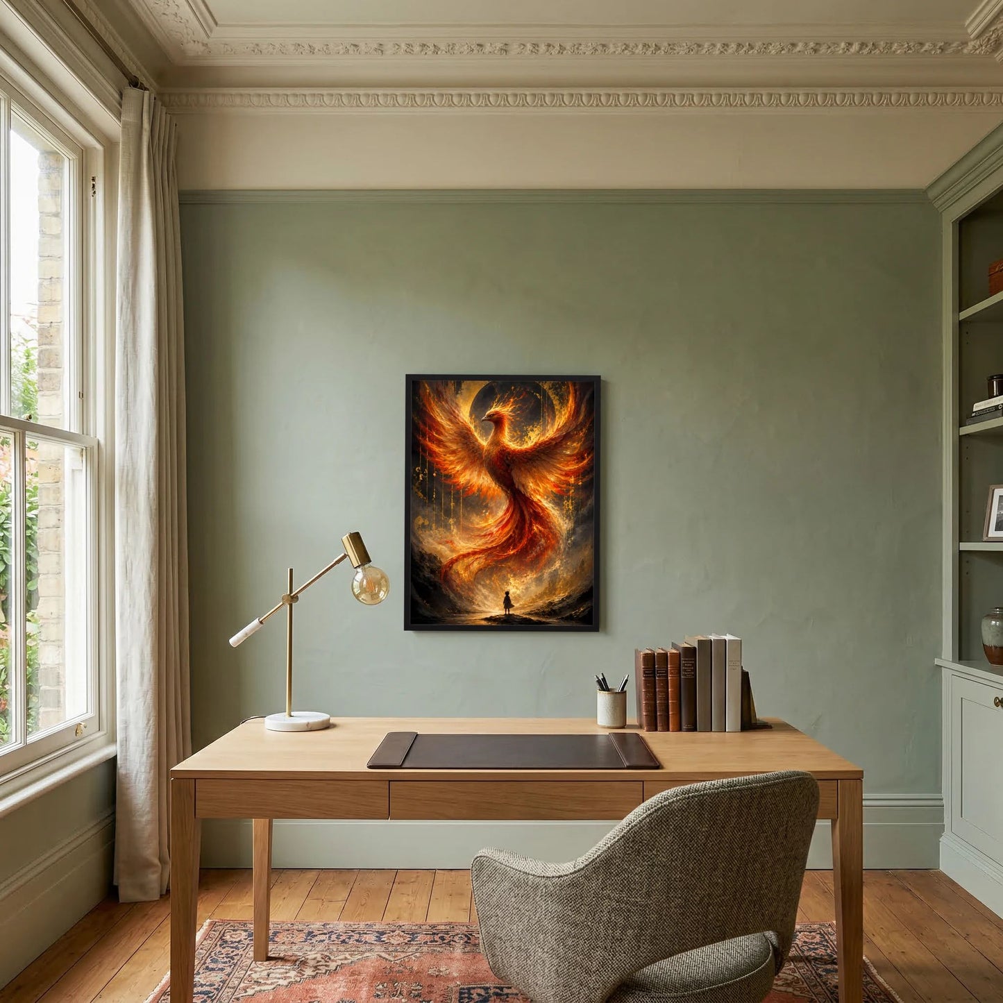 Hochformat-Poster mit Phönix aus Feuer in Gold und Orange, schwarzer Rahmen über Schreibtisch