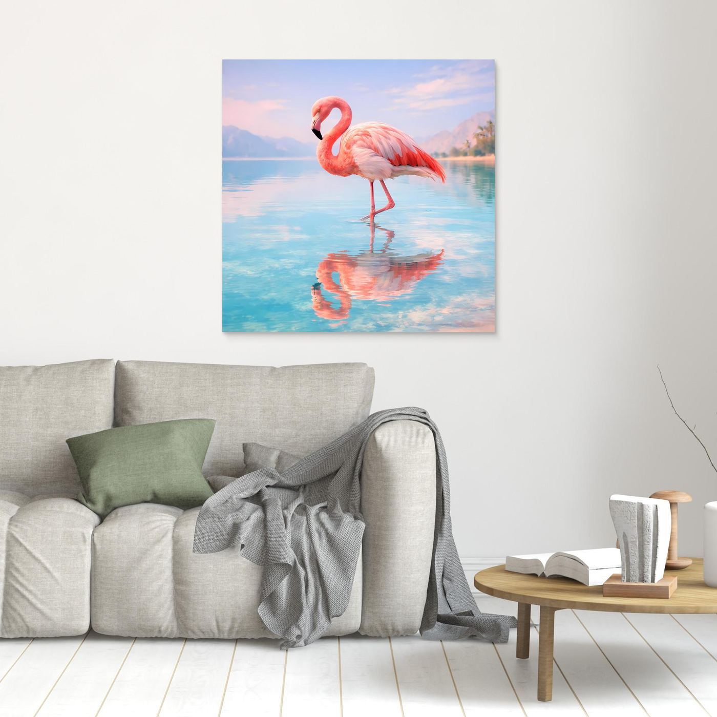 Wandbild Flamingo am See mit Spiegelung