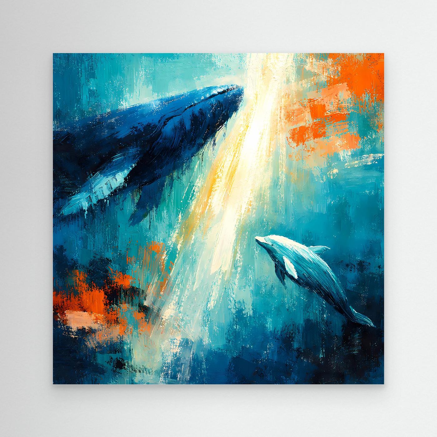 Leinwand Majestätischer Wal und Delfin im Lichtstrahl | Abstraktes Meeres Wandbild