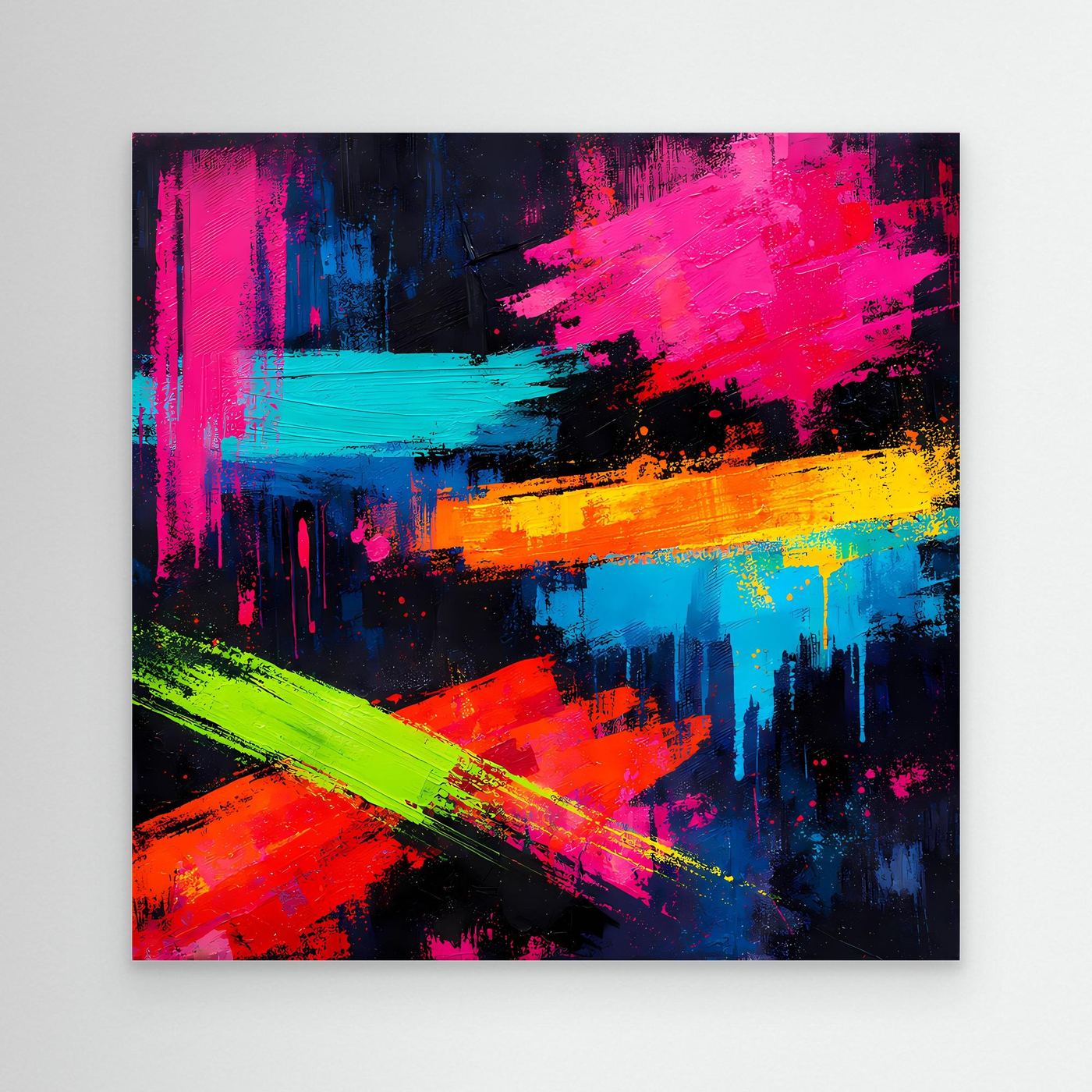 Abstraktes Leinwand-Wandbild mit Neonpink, Blau, Grün und Orange, ohne sichtbaren Rahmen