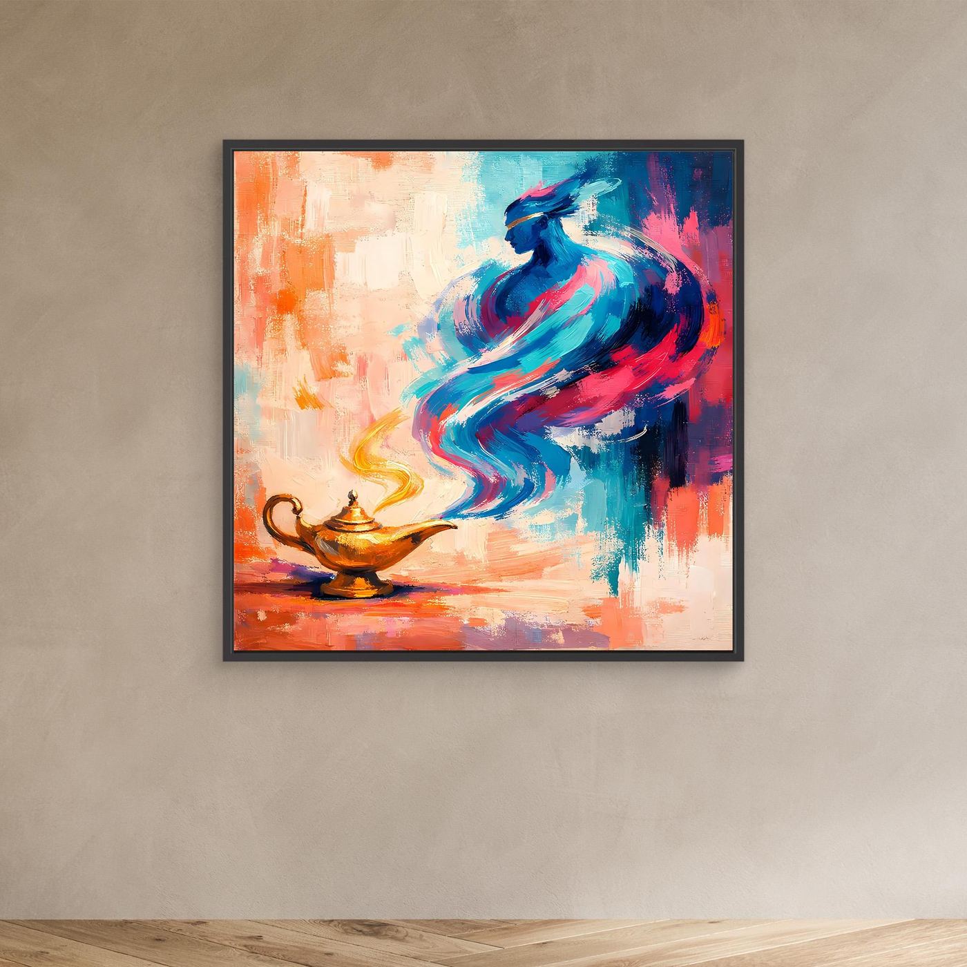 Schwarzer gerahmter Leinwanddruck mit abstraktem blauem Flaschengeist und goldener Lampe
