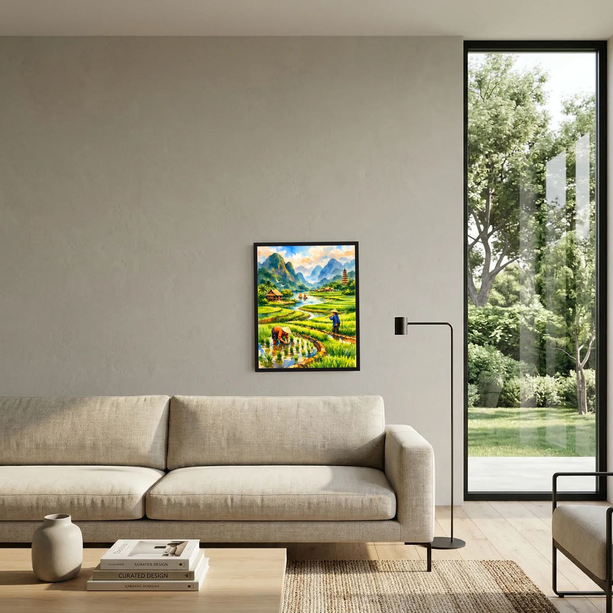 Gerahmtes Hochformat-Wandposter mit Reisfeldern, Fluss und Pagode