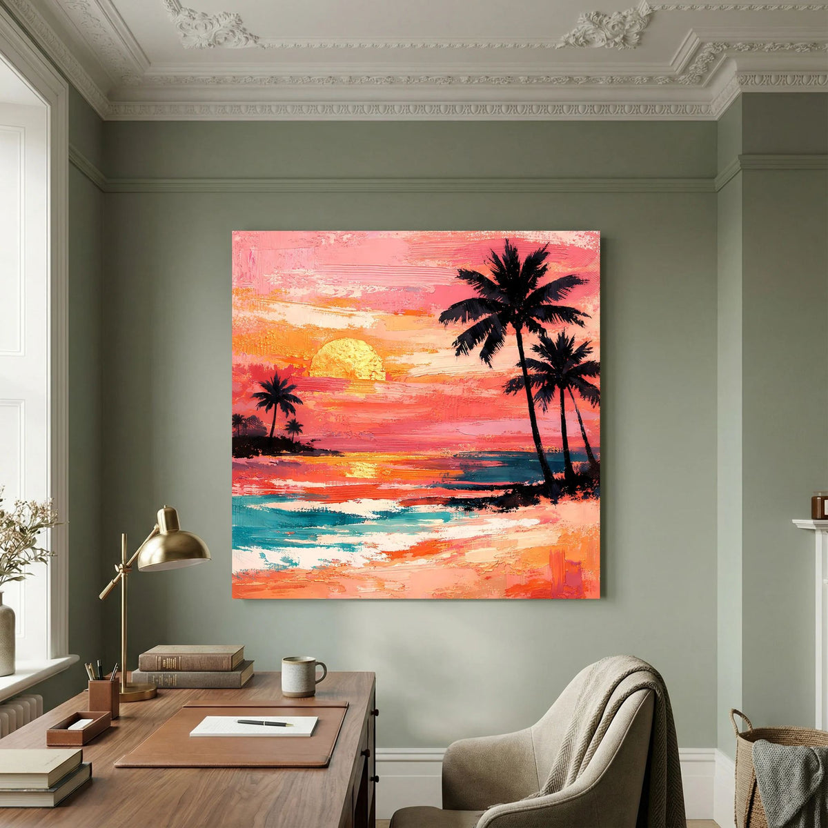 Leinwand-Wandbild mit Palmen am Meer und Sonnenuntergang in Terrakotta- und Blautönen.