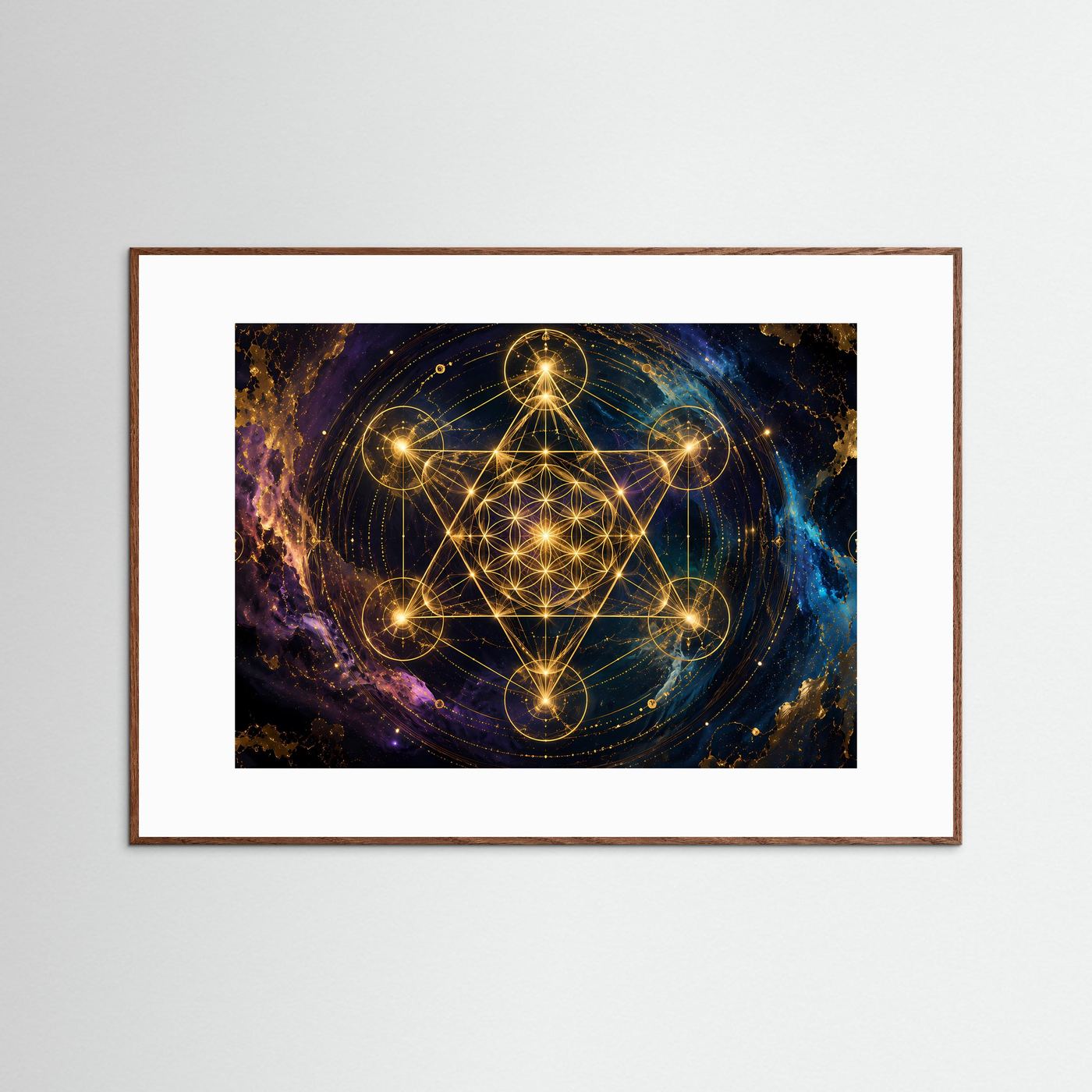 Poster mit Metatrons Würfel, goldenem Geometrie-Motiv im braunen Holzrahmen
