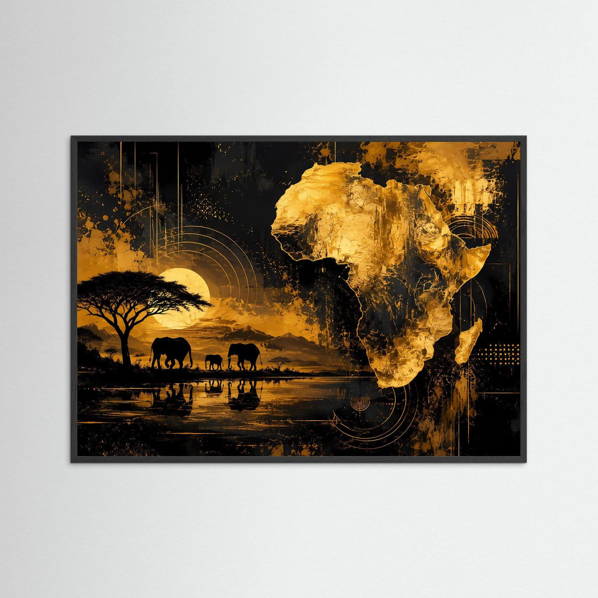 Gerahmtes Poster im Querformat: goldene Afrikakarte mit Elefanten und Savanne