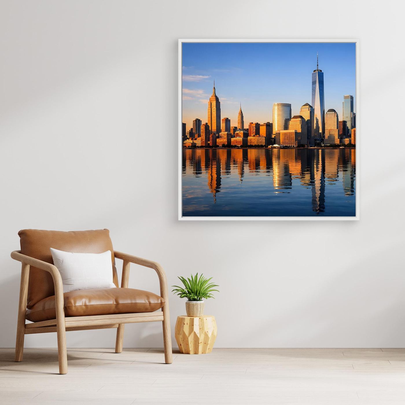Gerahmtes Leinwand-Wandbild New-York-Skyline bei Sonnenuntergang, heller Rahmen