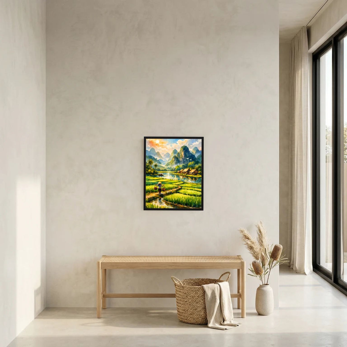 Wandbild mit tropischer Flusslandschaft, Reisfeldern und Dorf am Ufer