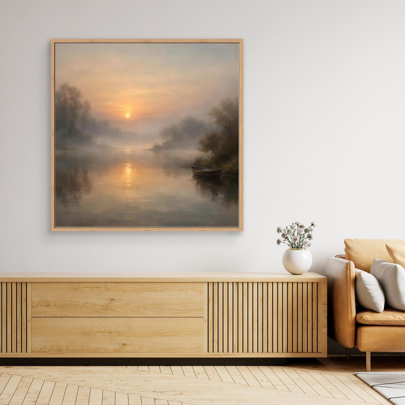 Quadratisches Leinwandbild mit nebligem Fluss und Sonnenaufgang, goldbrauner Rahmen