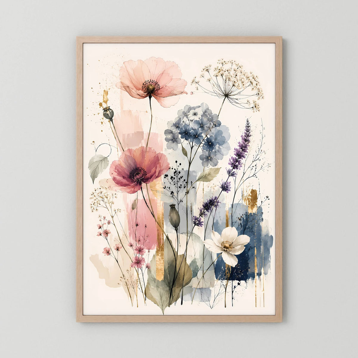 Kunstposter im Hochformat mit botanischem Blumenmix in Pastell, Holzrahmen