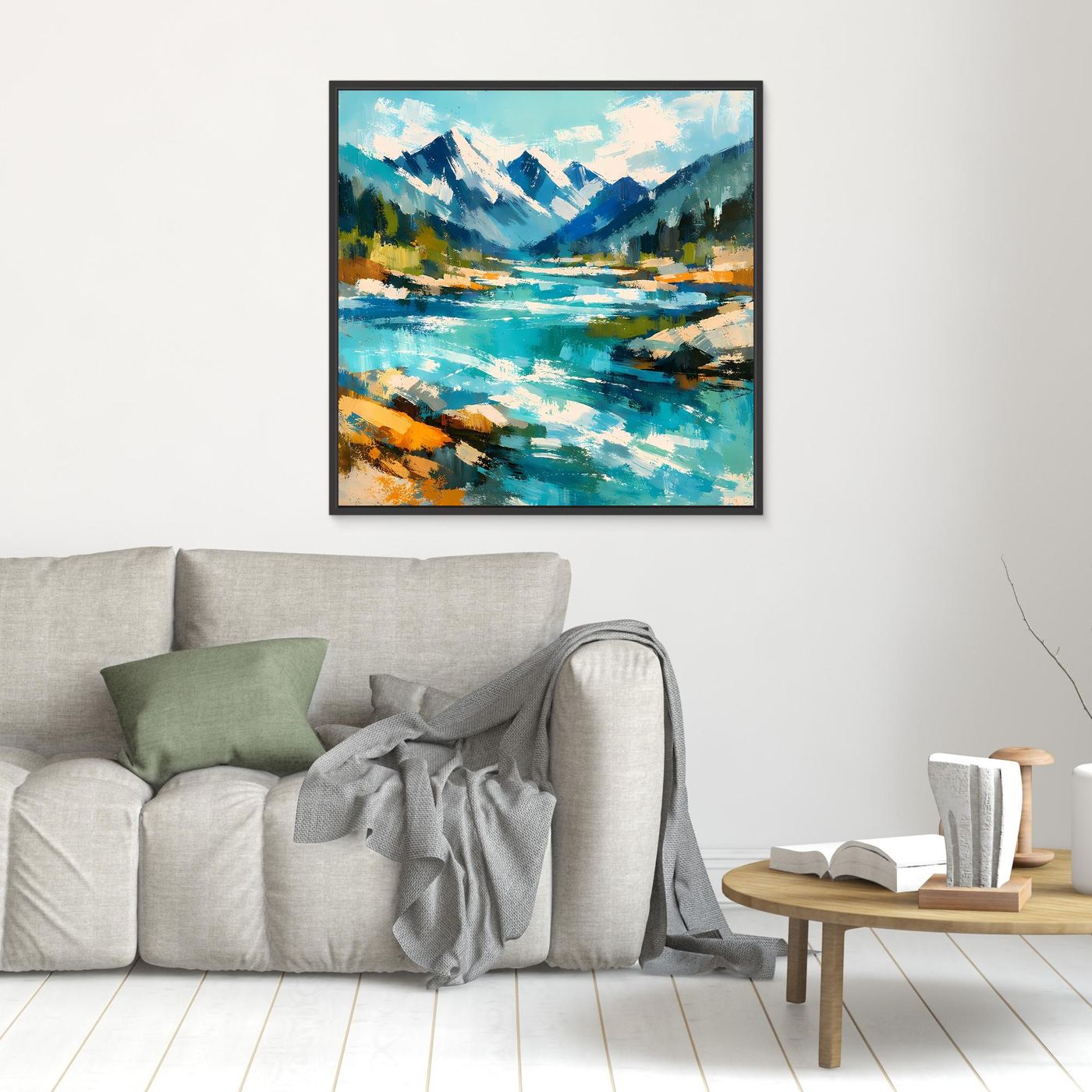 Leinwand-Wandbild mit abstrakter Alpenlandschaft am Fluss, schwarzer Rahmen