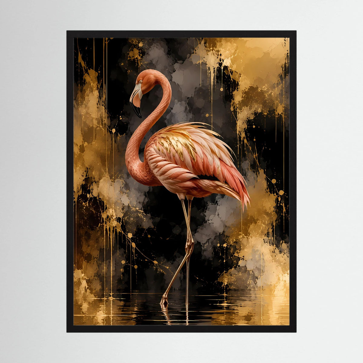 Schwarz gerahmtes Poster mit rosa Flamingo vor goldfarbenem Hintergrund