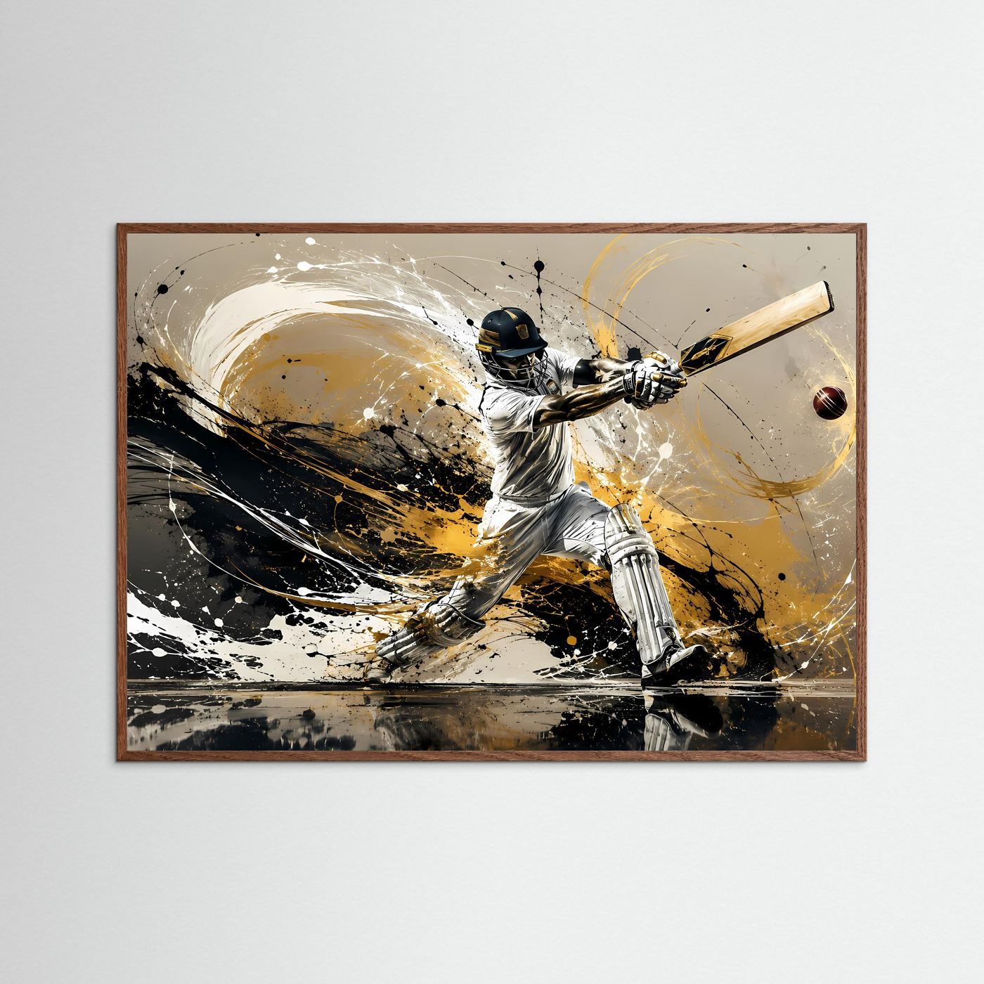 Cricket-Actionposter mit dunklem Eichenrahmen: Schlagender Spieler, Spritz-Optik