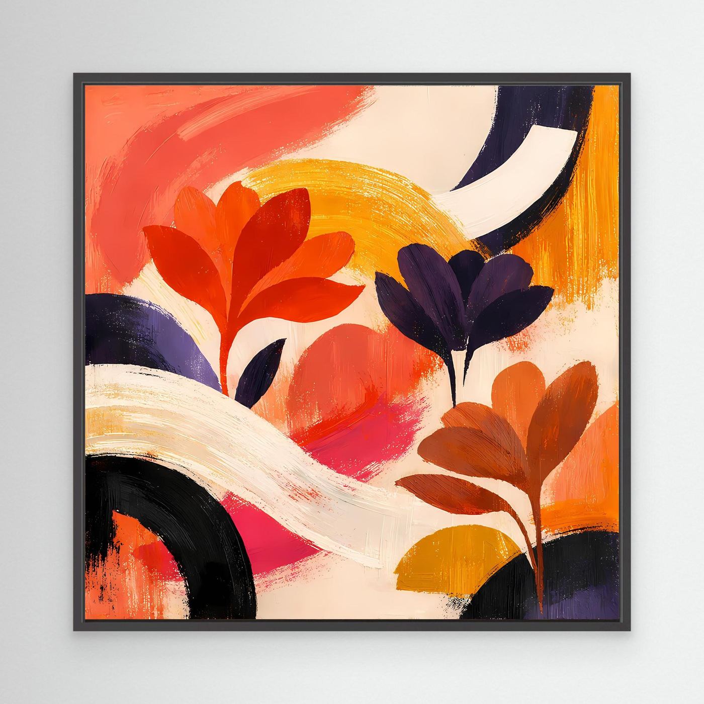 Leinwandbild abstrakte Blumen mit Pinselstrichen, Rot, Orange und Violett; Rahmen schwarz