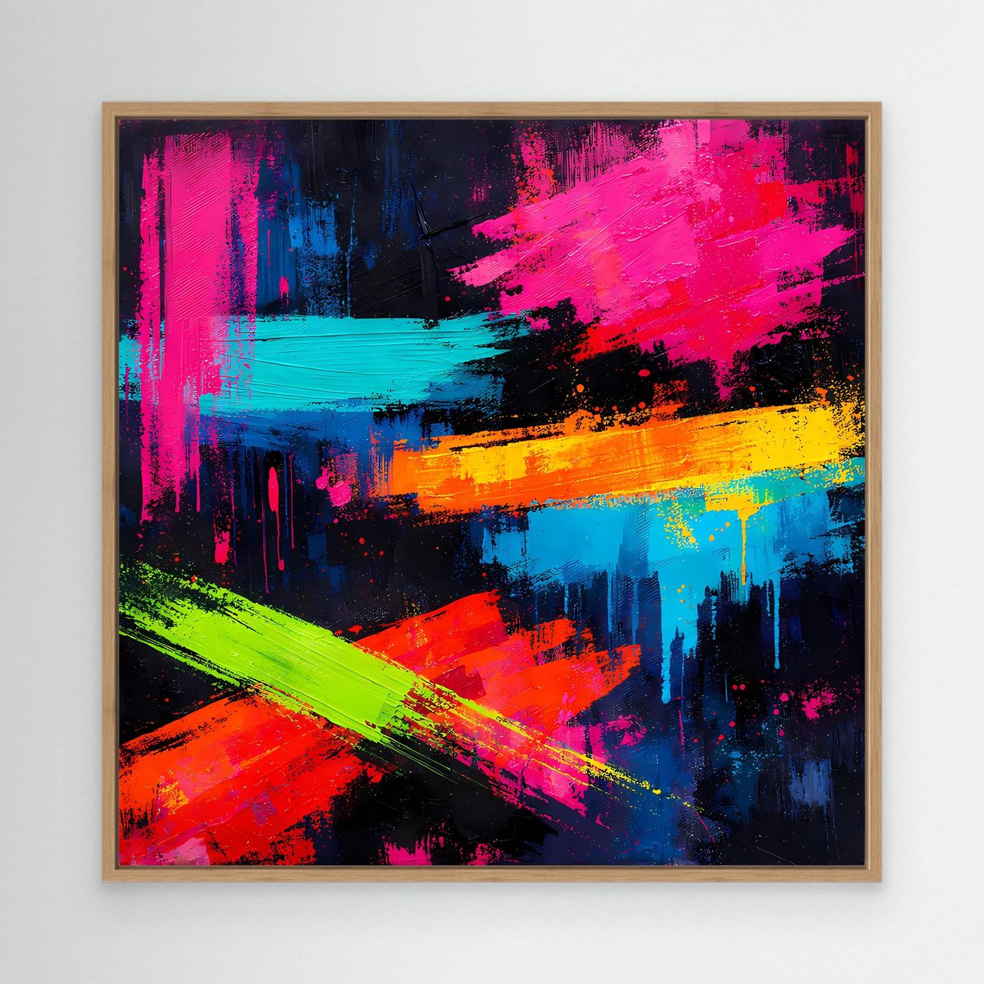 Abstraktes Leinwand-Wandbild mit Neonfarben, Eichenrahmen