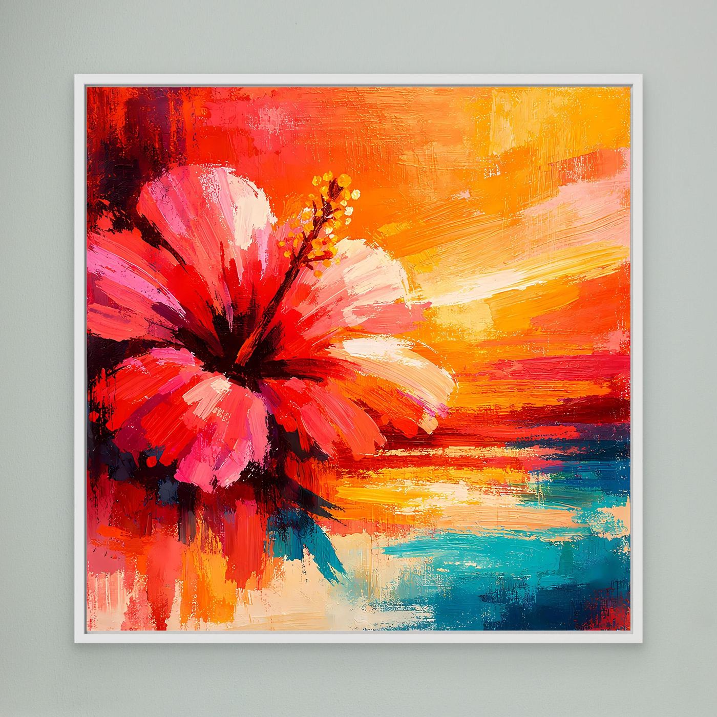 Leinwand Abstraktes Hibiskusblütenbild am Meer | Modernes Küsten Wandbild Bunt