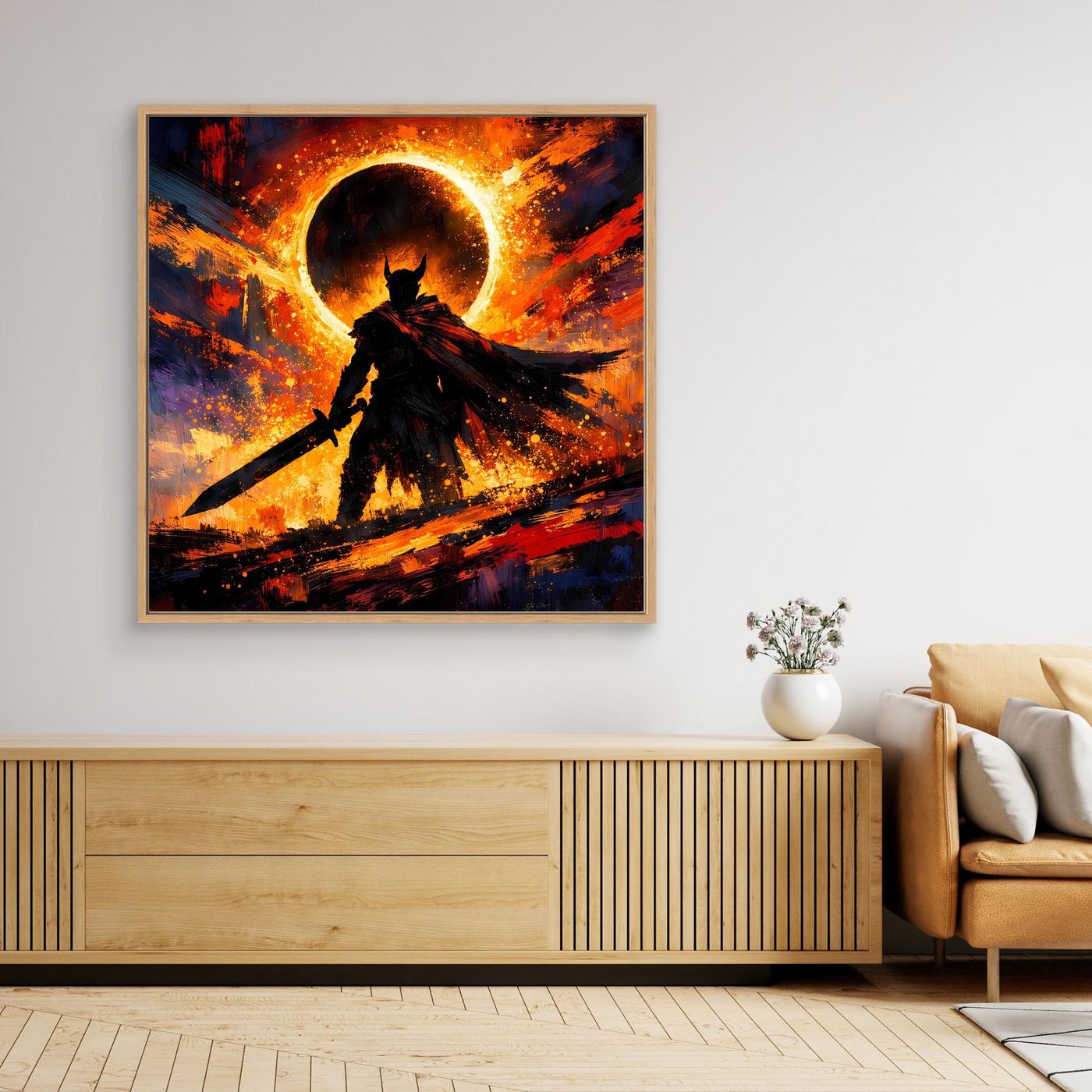 Fantasy-Wandbild auf Leinwand: dunkler Ritter vor leuchtender Sonnenfinsternis, brauner Holzrahmen