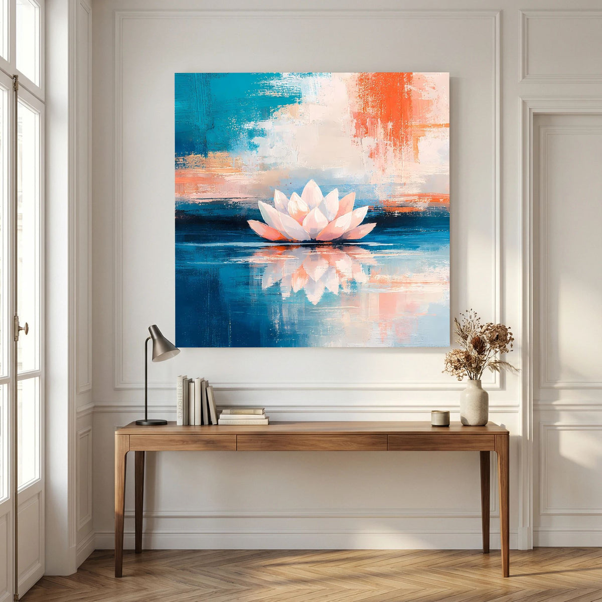 Abstraktes Leinwandbild mit Lotus und Wasserspiegelung, Farbverlauf in Blau und Orange