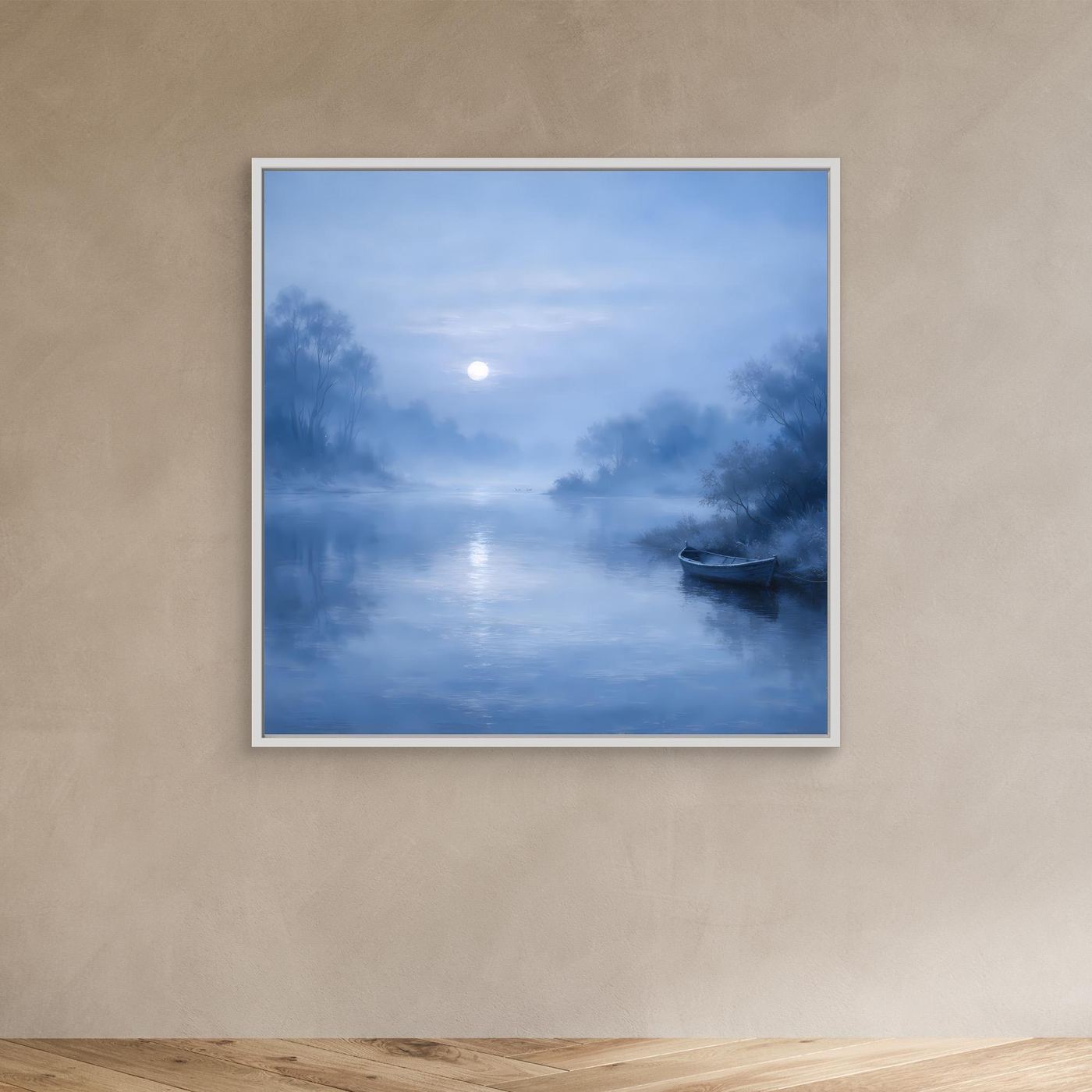 Wandbild mit blauem Fluss bei Mondlicht, Nebel und Boot; weißer Rahmen