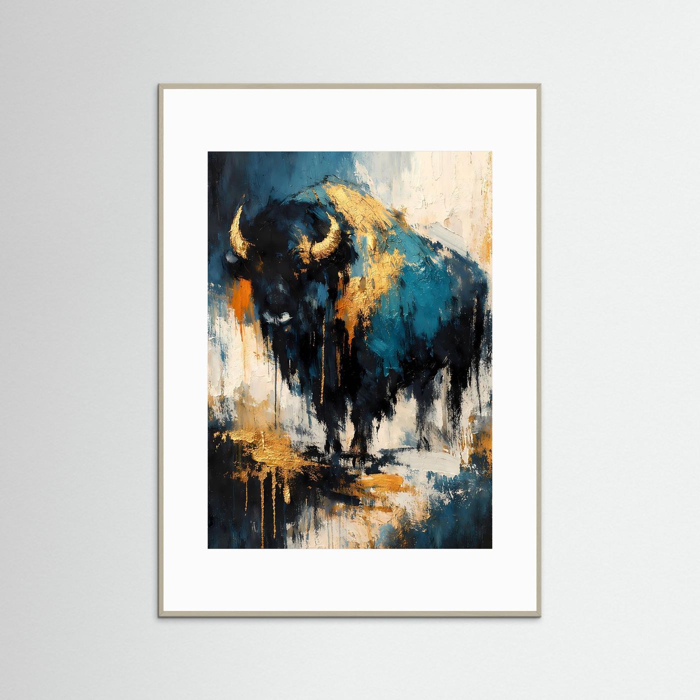 Bison-Kunstposter mit abstraktem Tierportrait, grauer Rahmen