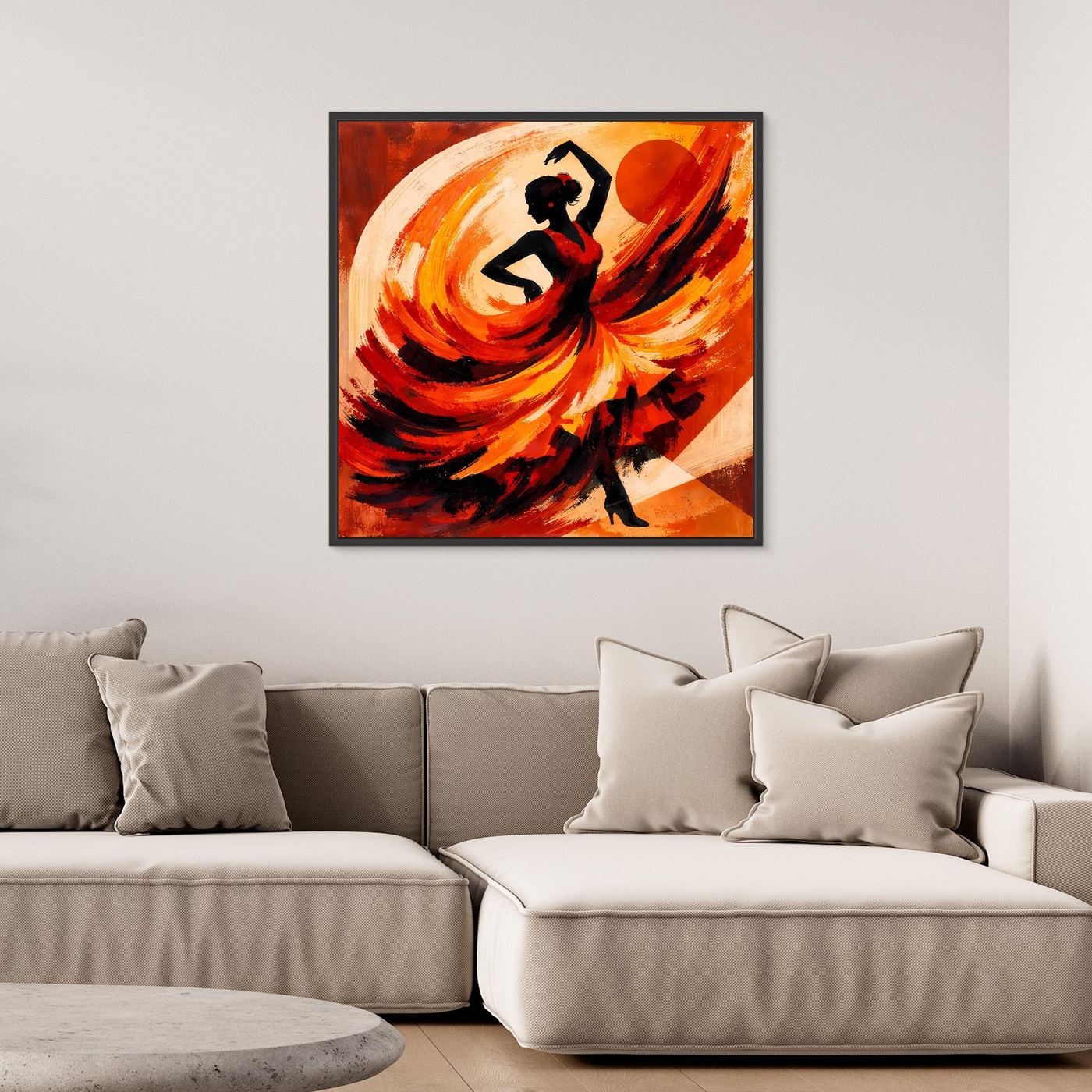 Gerahmtes Leinwandbild: Flamenco-Tänzerin in Rot-Orange, schwarze Silhouette vor hellem Bogen