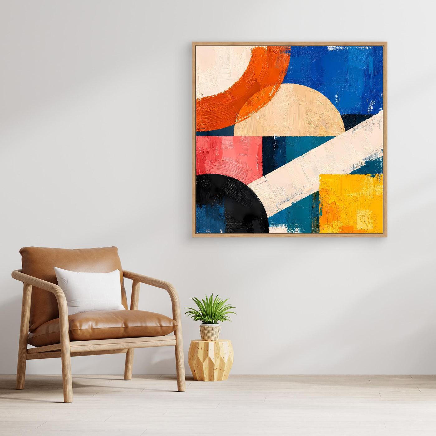 Framed abstract geometric canvas wall art with orange, blue, red, yellow and white shapes