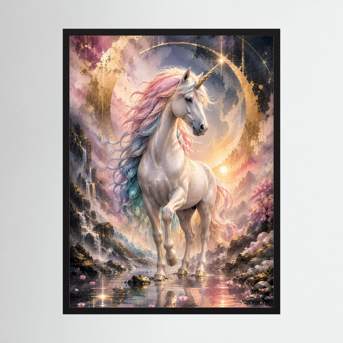 Pastell-Einhorn im Hochformatposter mit goldenen Lichtakzenten