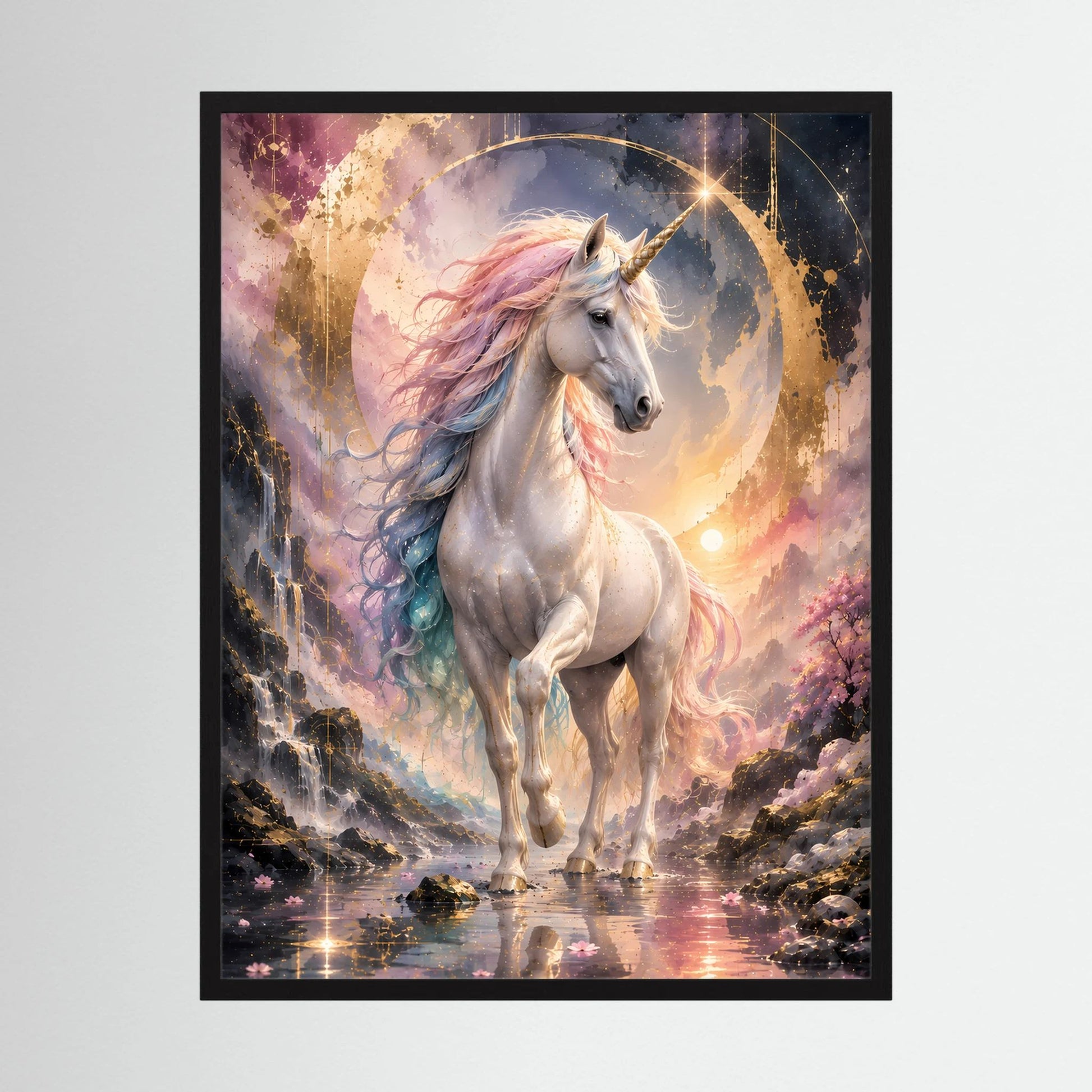 Pastell-Einhorn im Hochformatposter mit goldenen Lichtakzenten