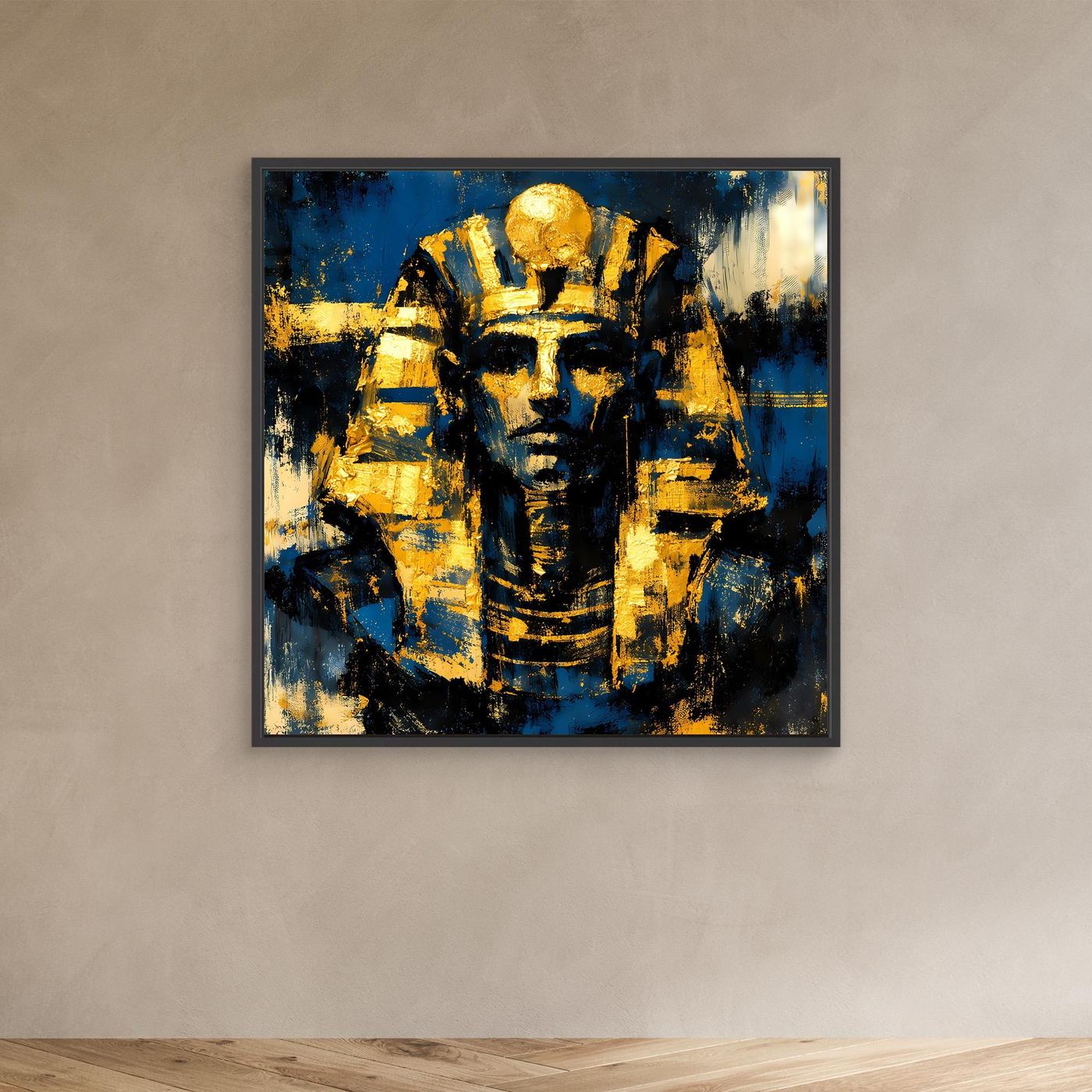 Leinwandbild mit Pharao-Porträt in Gold und Blau, schwarzer Rahmen