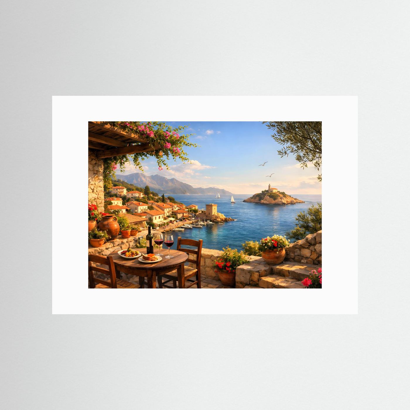 Mediterrane Terrasse mit Meerblick & Wein | Sommer Panorama Poster Querformat