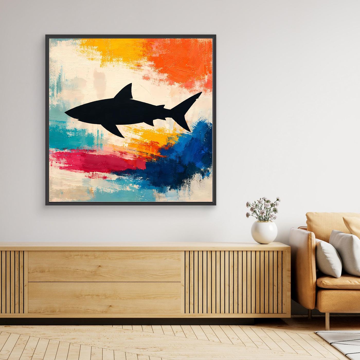 Leinwand Minimalistische Hai-Silhouette im Farbenmeer | Abstraktes Pop-Art Wandbild