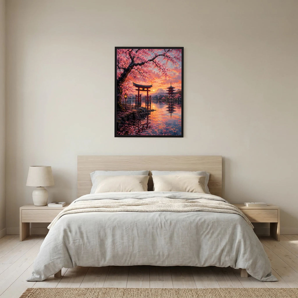 Schwarz gerahmtes hochformatiges Poster mit Torii, Kirschblüten und Fuji über reflektierendem Wasser