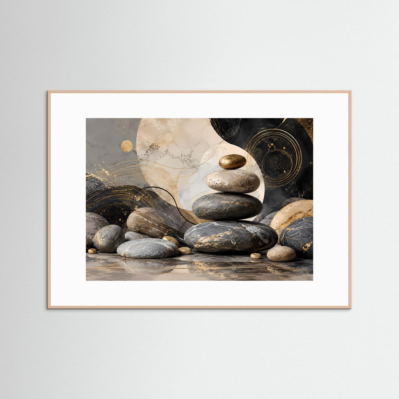 Zen Steine in Schwarz, Gold und Creme | Abstrakte Balance & Harmonie mit Marmorstruktur | Elegante moderne Wellness Kunst im Querformat
