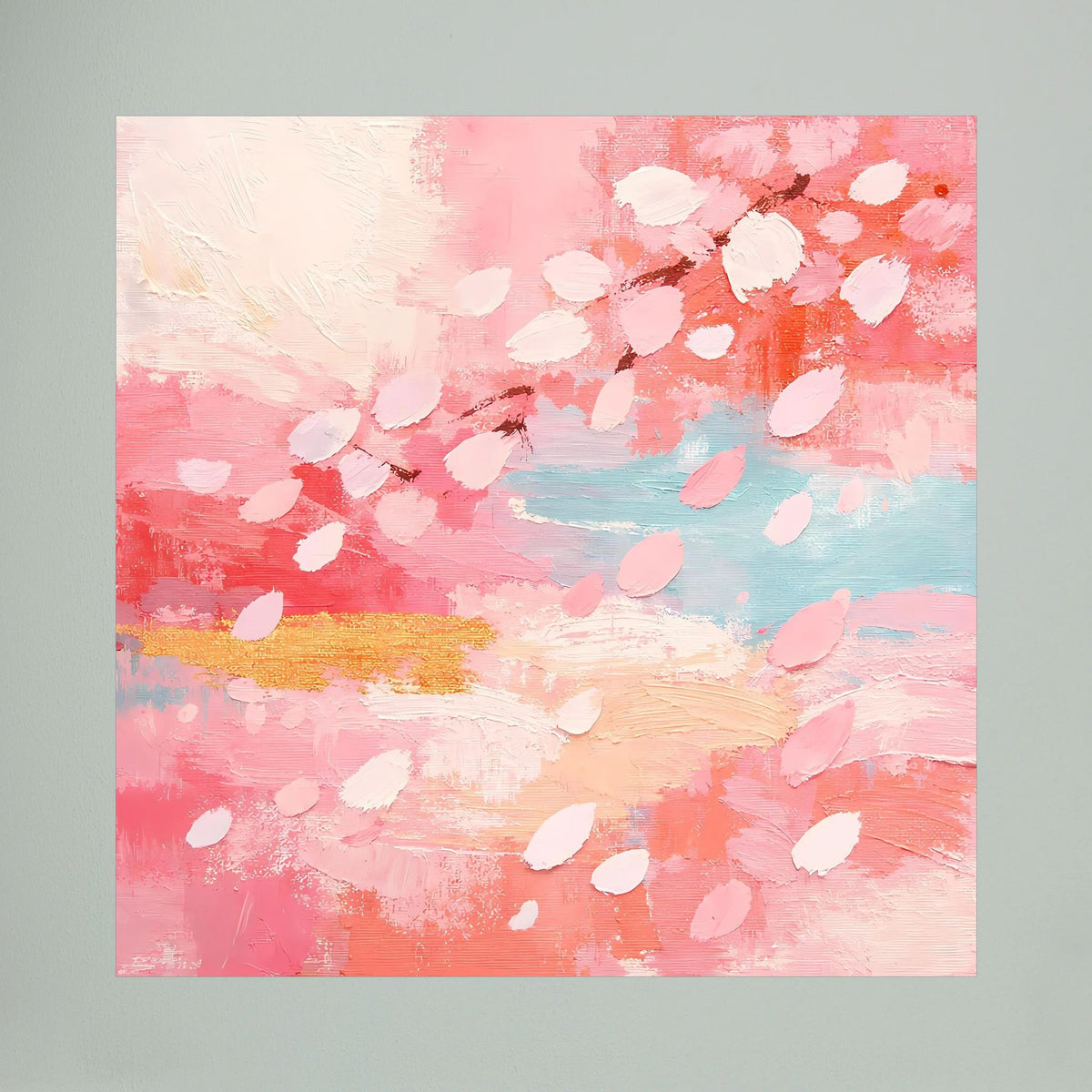 Quadratisches Leinwandbild: abstrakte Kirschblüten, Pastellrosa, Hellblau und goldfarbener Akzent