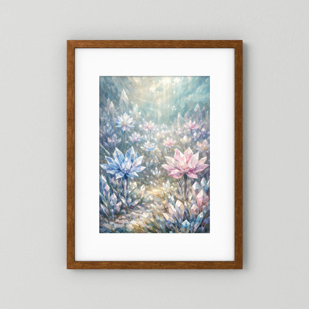 Hochformat-Poster mit Kristallblumen in Pastellblau und Rosa, dunkler Holzrahmen.