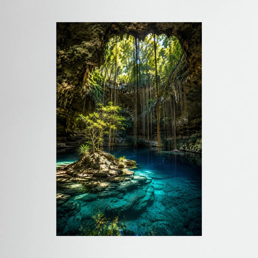 Hochformat-Poster mit dunkler Höhle und türkisfarbenem Naturpool, ohne sichtbaren Rahmen