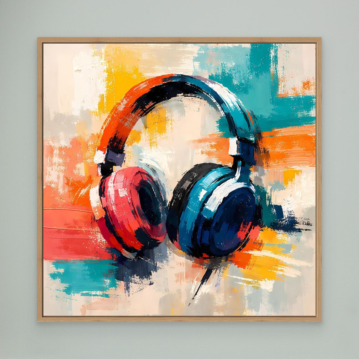 Abstract headphone wall art with light wood frame; red, teal, and blue brush strokes