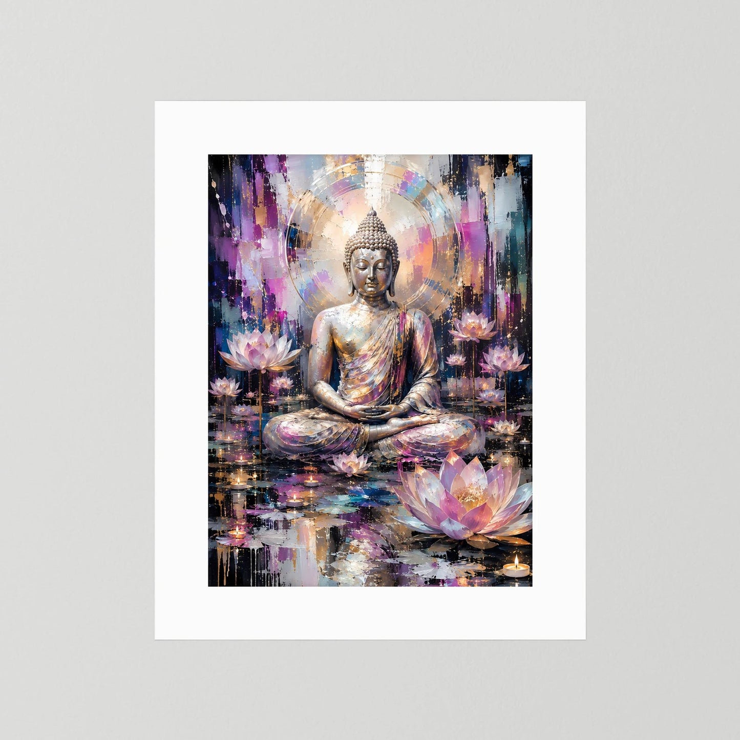 Poster mit weißem Rand: meditierender Buddha und Lotusblüten in Gold, Rosa und Blau.