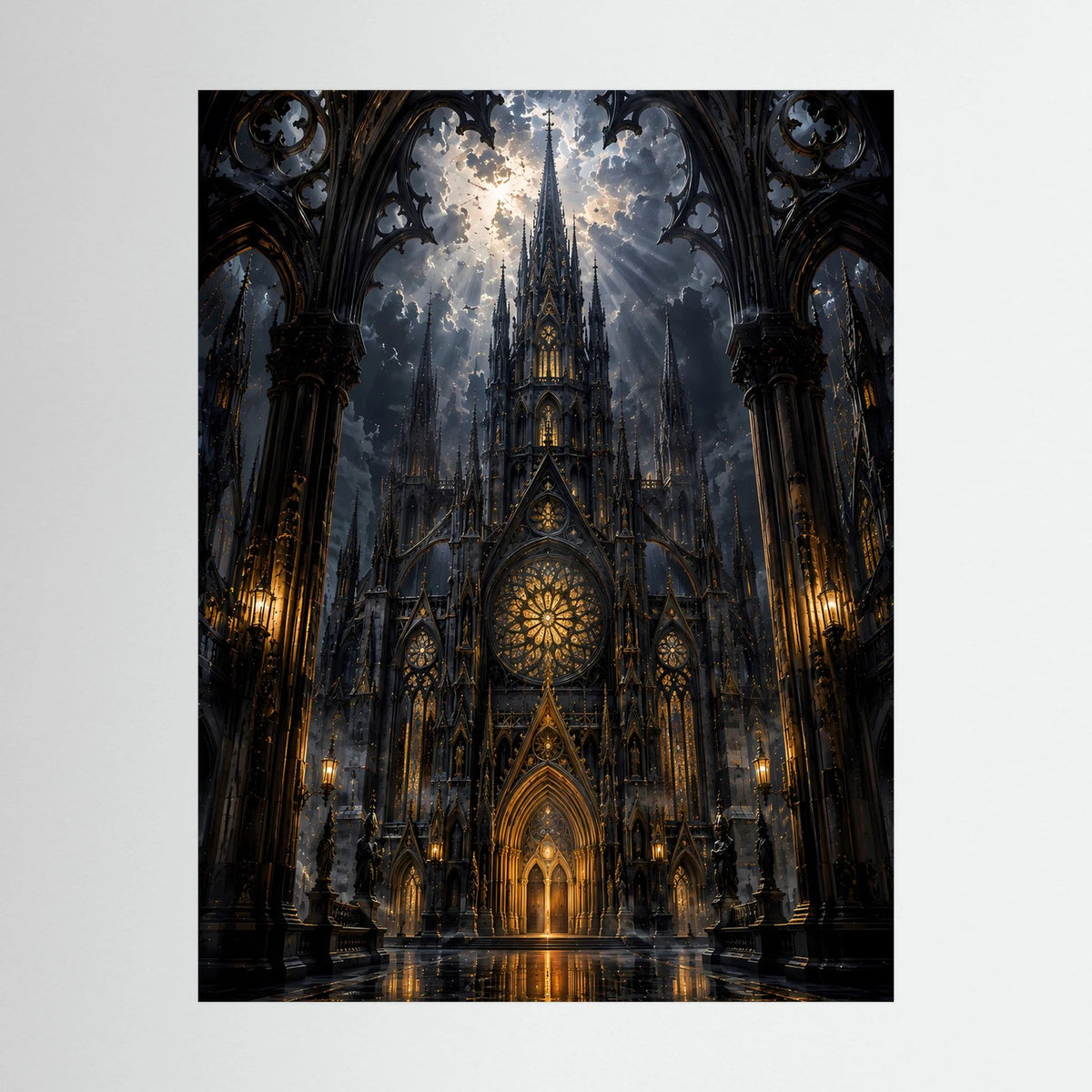 Poster-Motiv: gotische Kathedrale in Schwarz und Gold, frontale Ansicht