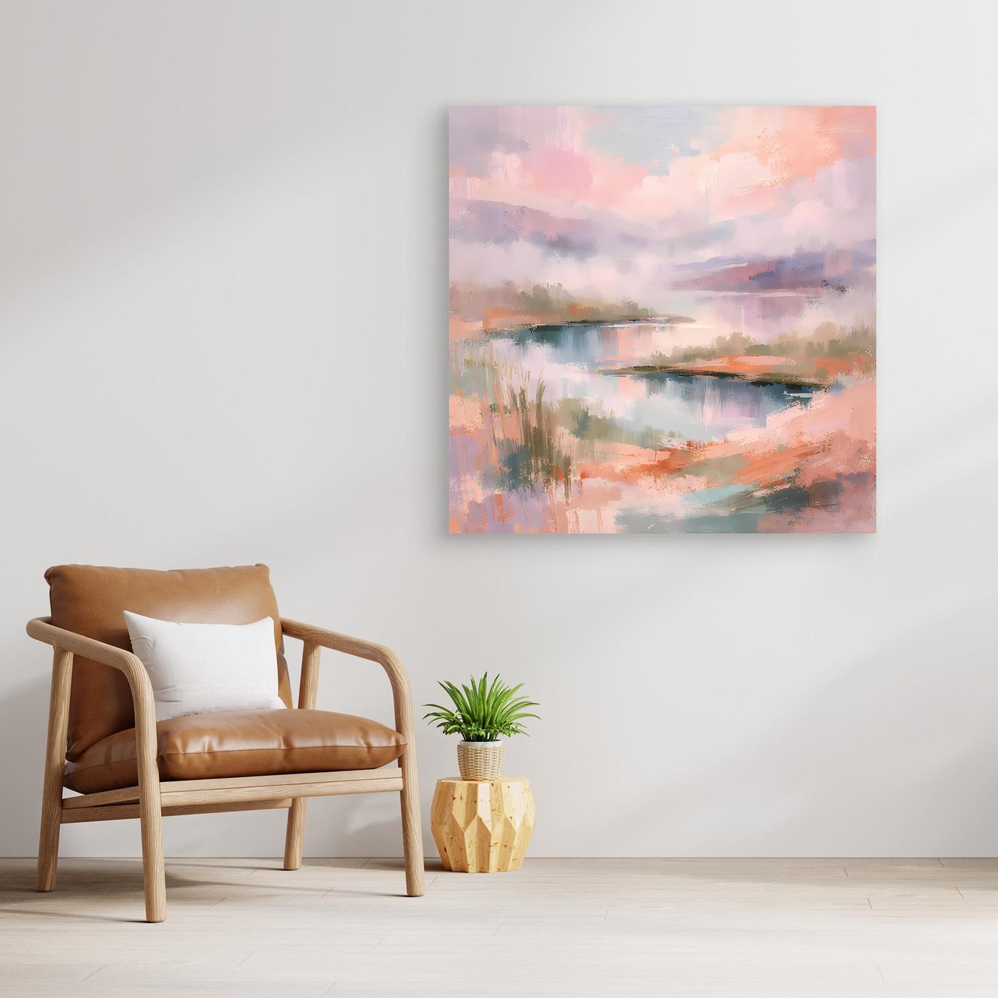 Abstraktes Pastell-Leinwandbild mit Seenlandschaft, rechteckig, ohne sichtbaren Rahmen