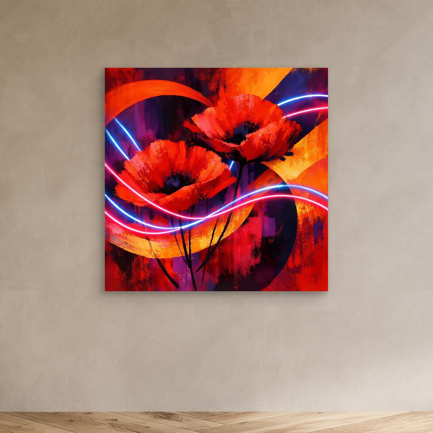 Leinwandbild mit abstrakten Mohnblumen, rot/violett, Neon-Lichtlinien, ohne Rahmen
