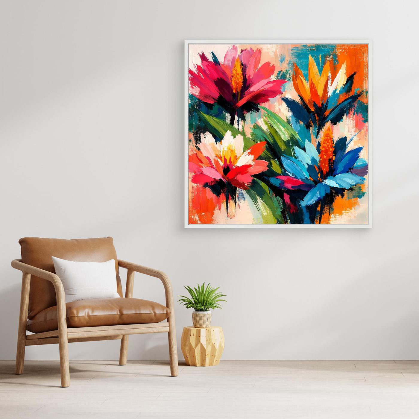 Abstract floral wall art with white frame, vivid red, blue, and green blossoms